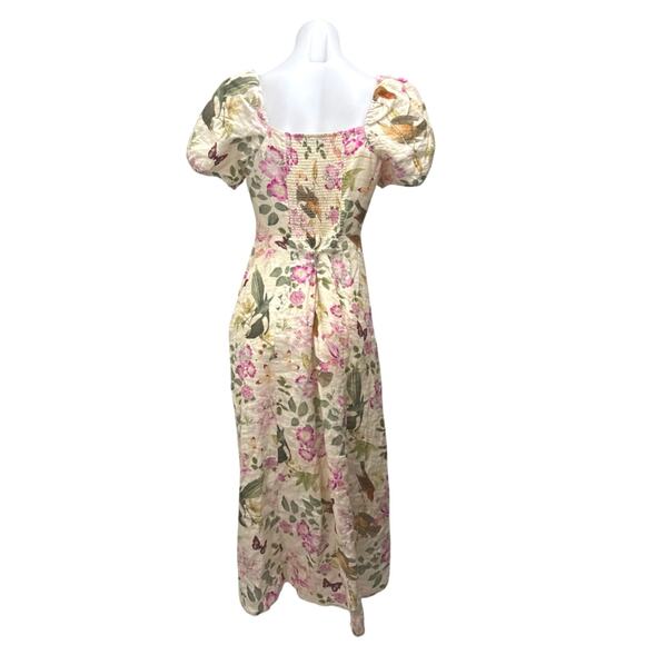 & Other Stories 100% Linen Floral Short Puff Sleeve Slit A Line Midi Dress Sz 6 - Picture 4 of 7